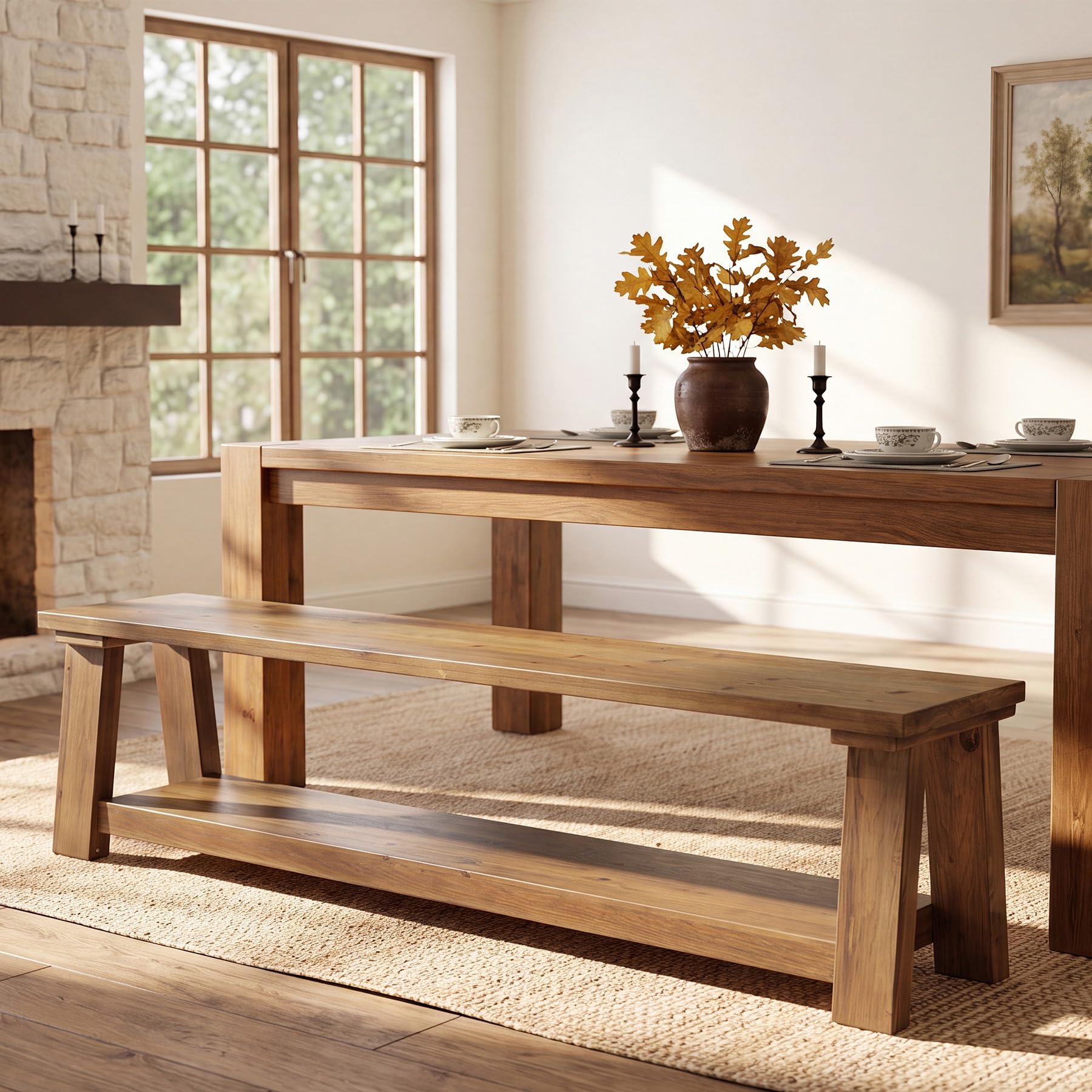 70.87" Long Solid Wood Dining Bench | Farmhouse Kitchen Bench with Storage Shelf for Dining Room, Kitchen, Entryway, Bedroom, Easy to Assemble
