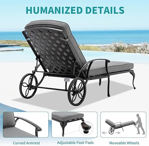 Miniatura 5 de HOMEFUN Chaise Lounge - Silla de exterior con cojín beige tumbonas laterales de aluminio con ruedas reclinables ajustables juego de muebles de patio