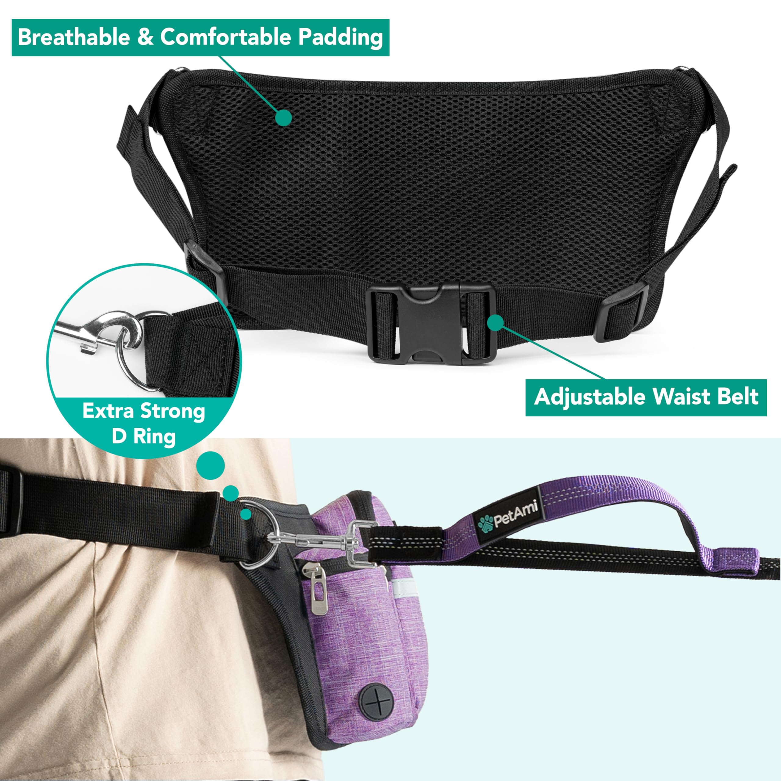 PetAmi Correa de Perro Manos Libres 2 Perros, Correa Ajustable para pasear al Perro, Bolsa de Accesorios de riñonera, Correa elástica Doble para Correr, Senderismo, Trotar,