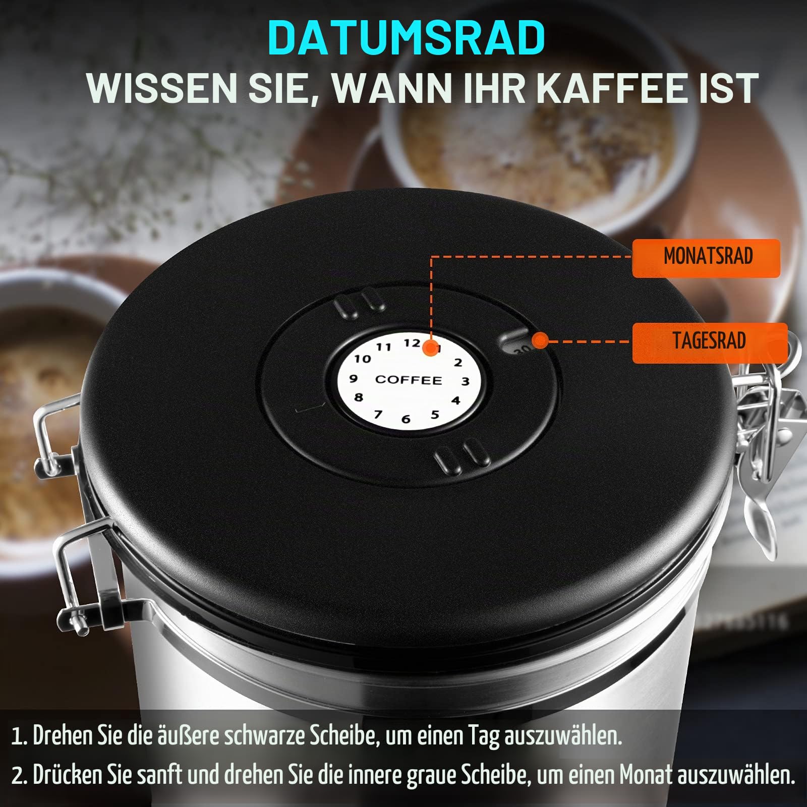 Kaffeedosen Luftdicht 1kg Bohnen, 2800ML Kaffeebohnen behälter Kaffeebehälter Vorratsdosen aus Edelstahl mit Datums-Tracker, 30ML Messschaufel und CO₂-Ventil für Kaffee Kaffeebohne Pulver, Zucker, Tee