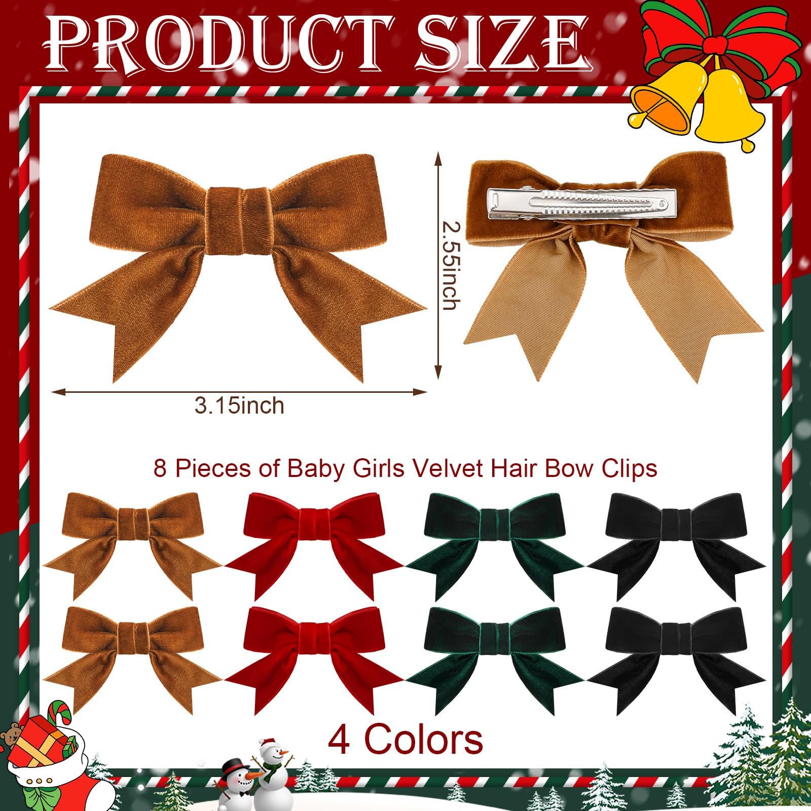 8 fiocchi per capelli in velluto per ragazze, fiocchi natalizi per capelli, graziosi fermagli per capelli, accessori per capelli, fiocco a coccodrillo, per ragazze e bambini, regalo di Natale,