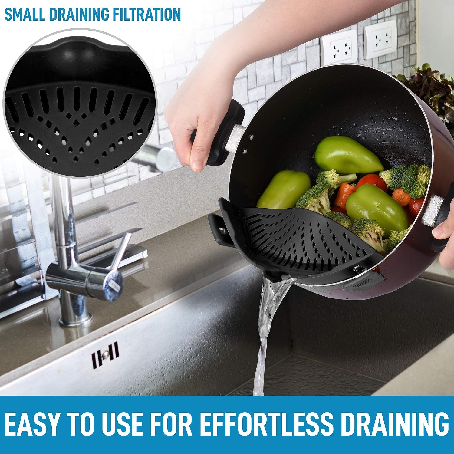 Zulay Silicone Pot Strainer - Adjustable Snap On Strainer For Most Pots & Pans - Food Grade, Heat Resistant Pot Strainer Clip On Silicone Colander For Draining Pasta, Fruits, & Vegetables (Black)
