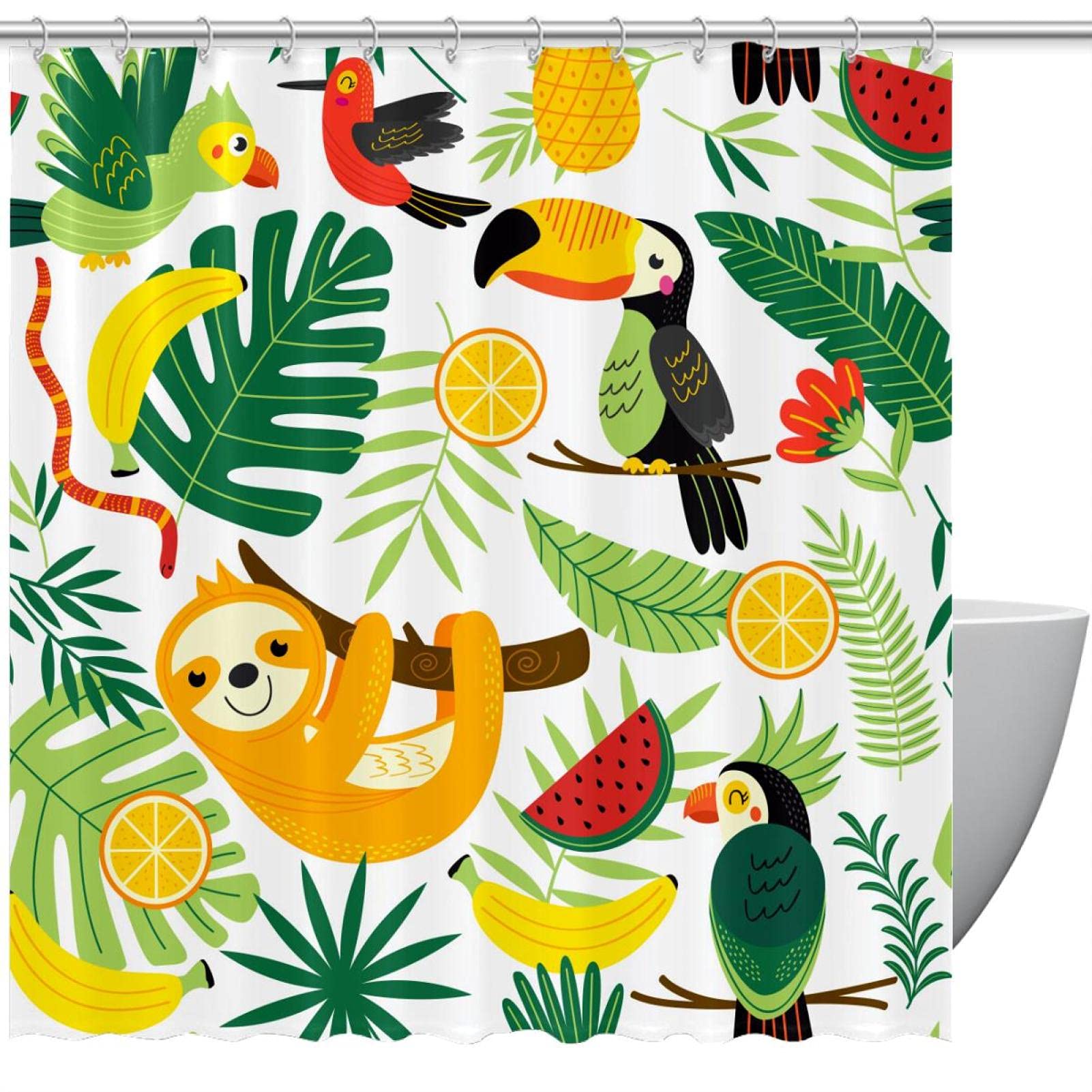 Rideau de douche animaux tropicaux palmier paresseux toucan 183 cm