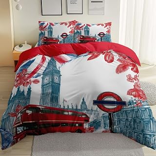Duvet Covers California King – British Style Architecture Bus Bedding Set 3Pcs, Soft Breathable Microfiber with Zipper Closure, Red Printed Quilt Cover for Teens Adults Bedroom All Season