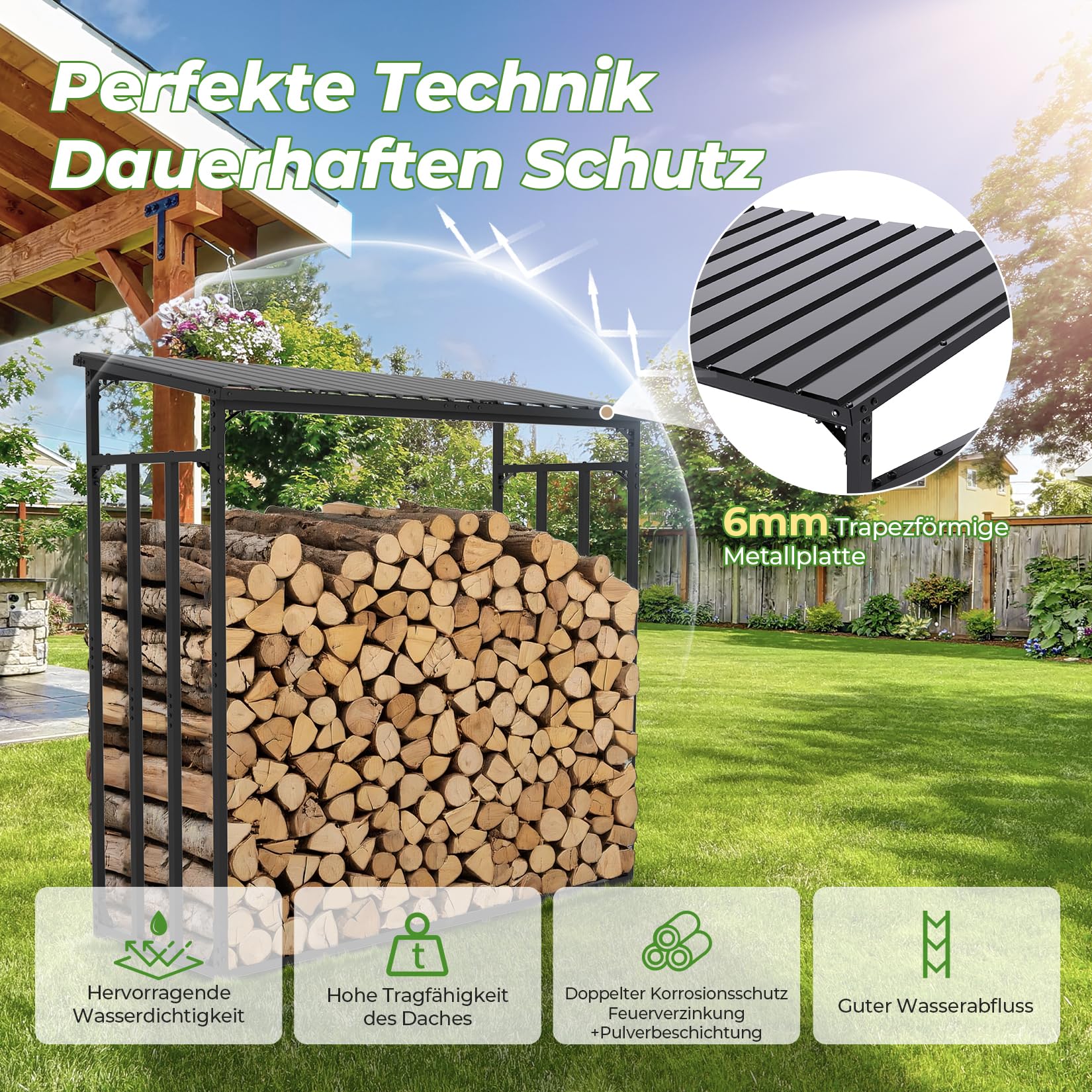 CHOSHOME Kaminholzregal Aussen 185x70x185cm, Metall Kaminholzlager Außen XXL, Anthrazit Garten Kaminholzunterstand 3,3 SRM / 2,3m³, Metalldach, Feuerverzinkt, Brennholzregal