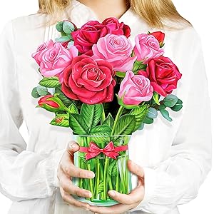 Pop Up Flower Card, 3D Greeting Card Red Rose Bouquet For Wife, Girlfriend Romantic Gift for Anniversary, Valentines Day