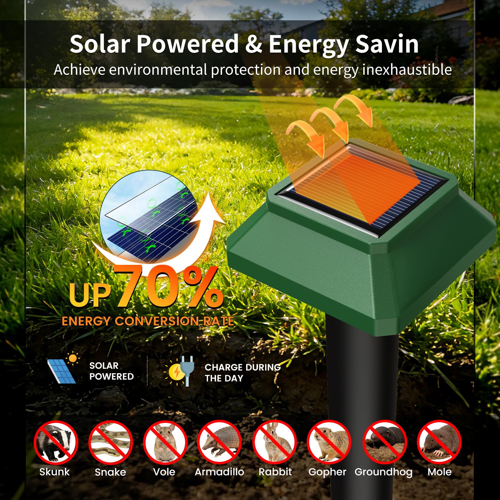 Ultrasonic Animal Repellent Outdoor, Solar Power Cat Rodent Raccoon Repeller, Squirrel Skunk Control Device with Motion Sensor and FIashing Light, Waterproof Rabbt Snake Deterrent for Outdoor - 3