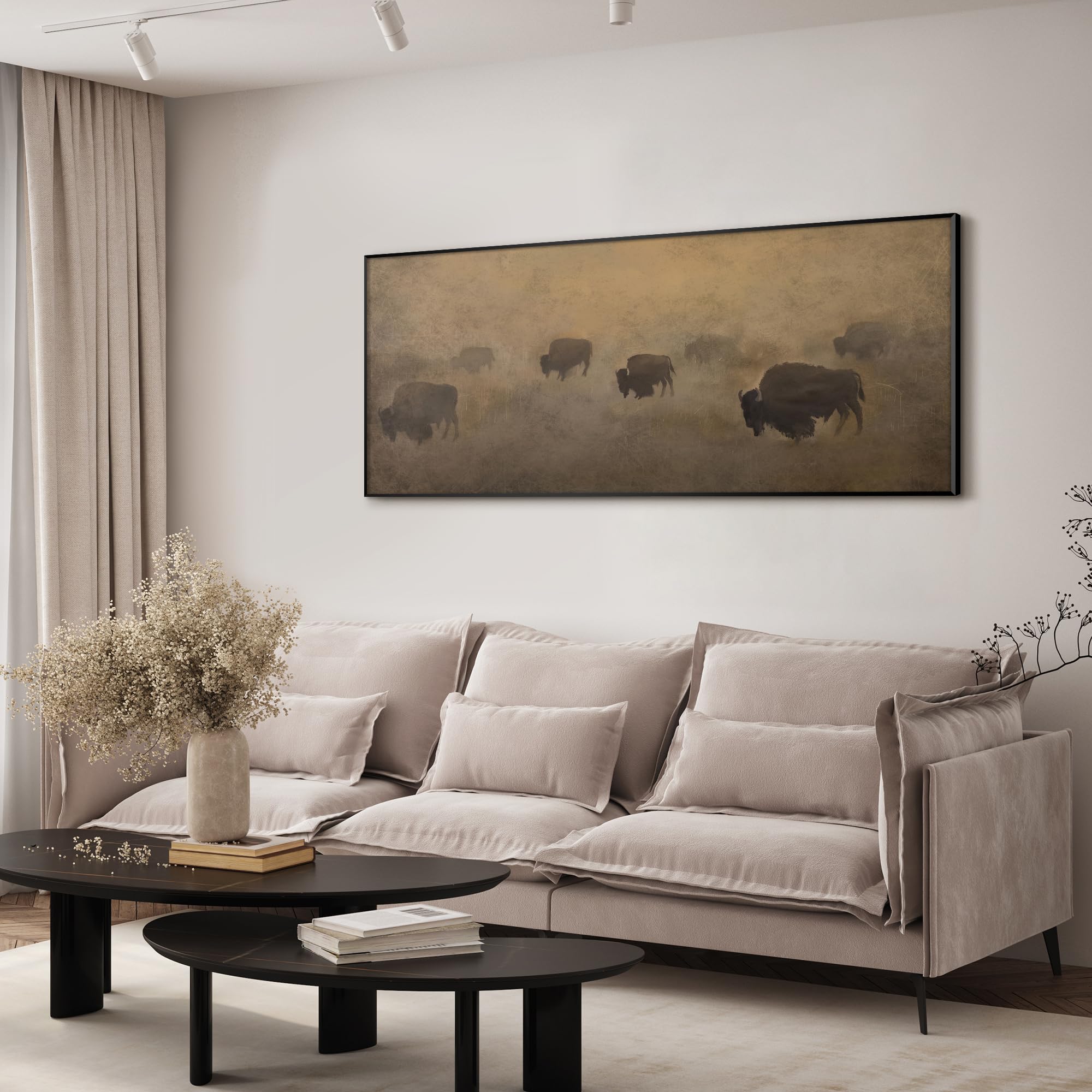 24"x60" XL Framed Wall Art - Buffalo Herd in Hazy Landscape Rustic Western (Frame Assembly Required)