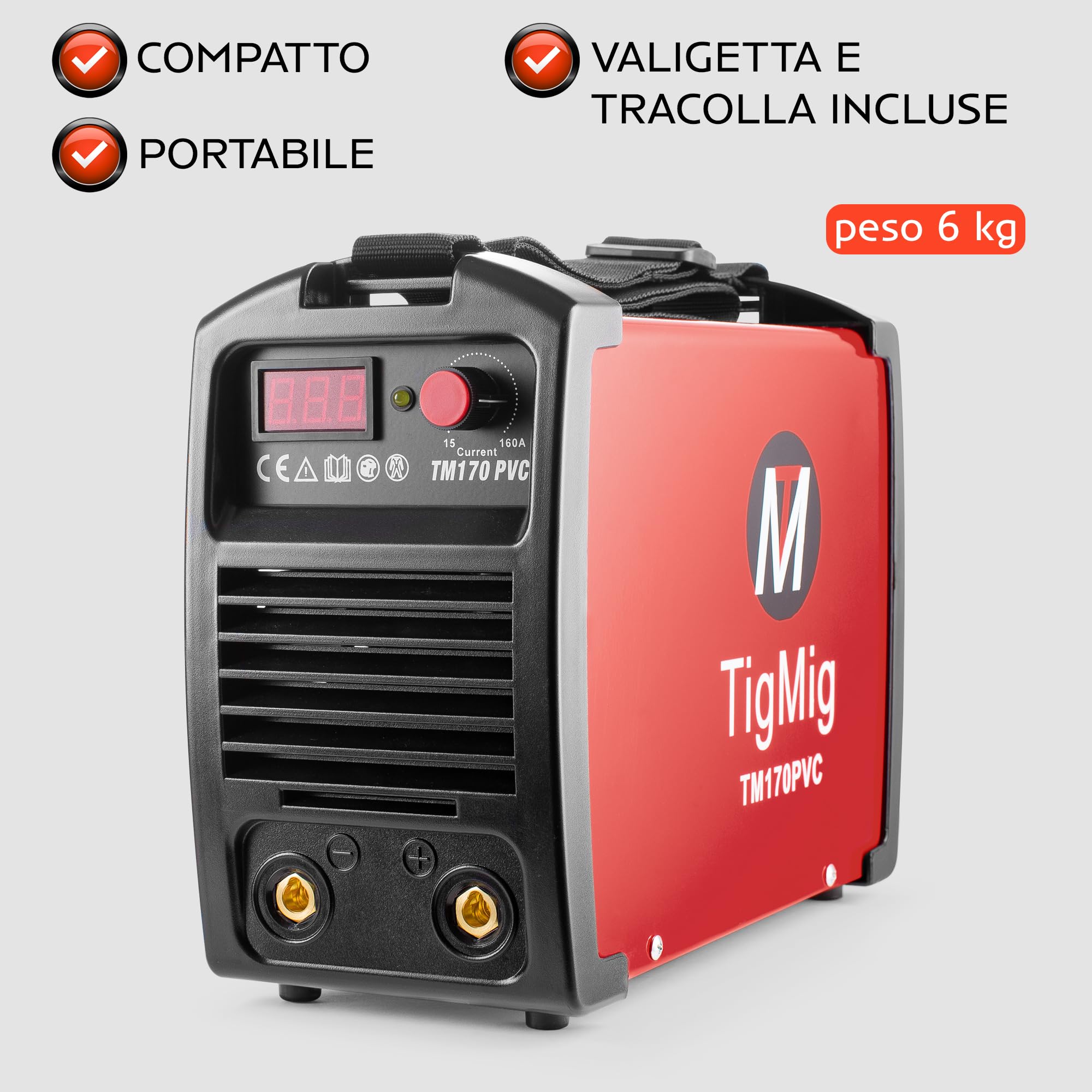 TIGMIG Saldatrice Inverter MMA (Elettrodo), Fino a 160 A, Modello TM170PVC, Con Funzione LIFT TIG, Con Valigetta In PVC Per Trasporto, Accessori Inclusi, Garanzia e Assistenza ITALIA