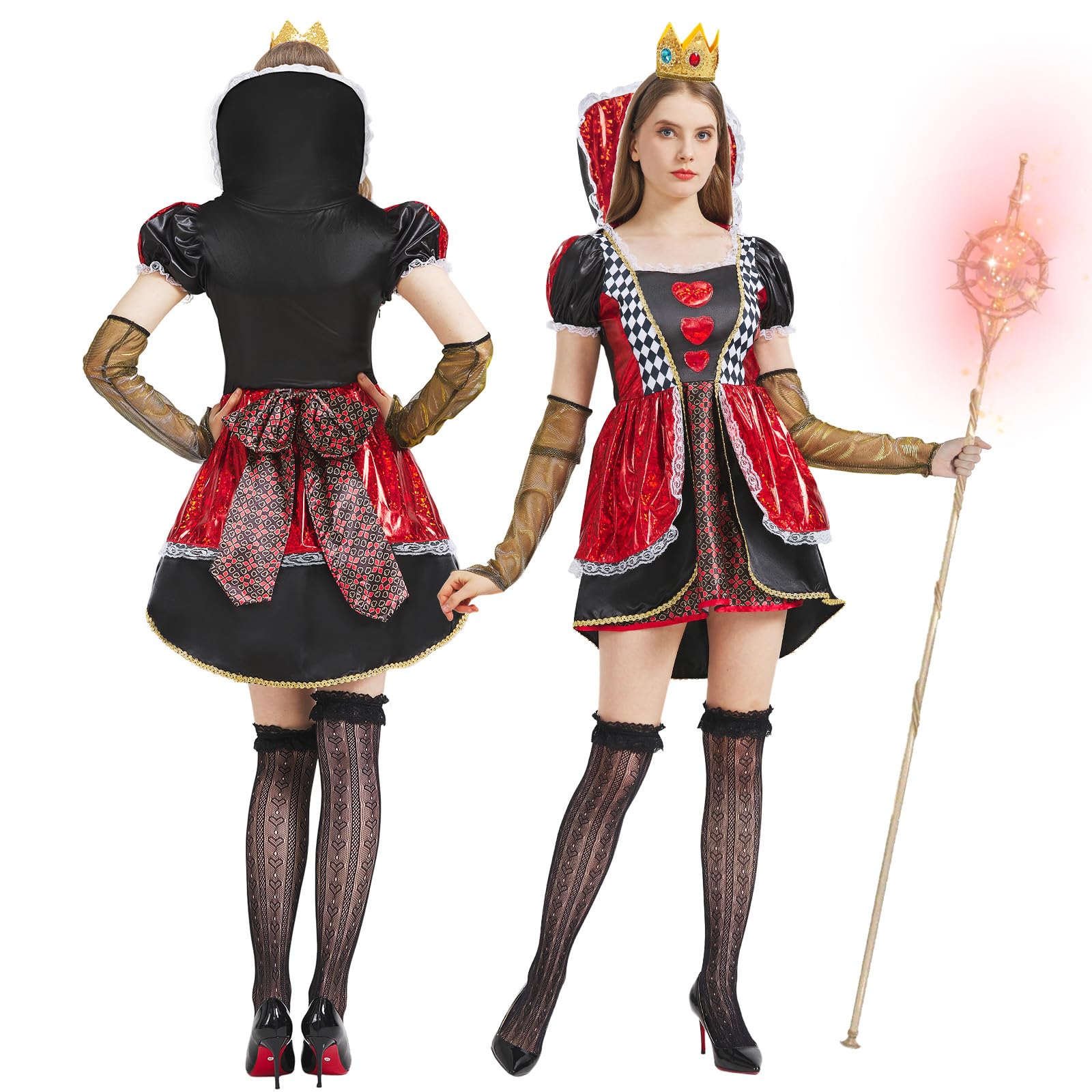 JONRRYIN Queen Hearts Costume, Women's Queen Hearts Costume, Women's Queen Costume with Crown and Stockings for Carnival and Halloween Parties