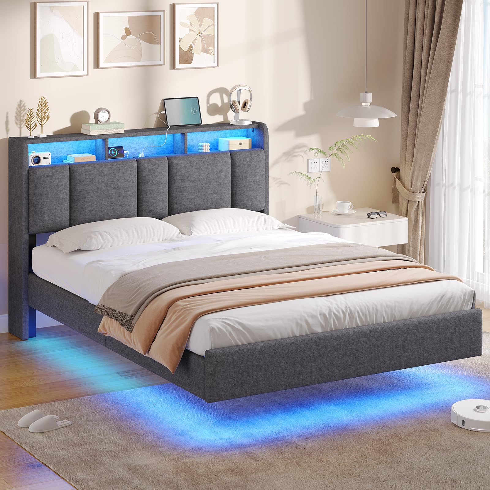 AOGLLATI Lit Double 140x190 avec Multiprise & Éclairage LED, Tête de Lit Rembourrée avec Rangement, Cadre de Lit avec Sommier, Moderne Effet Flottant, Tissu en Lin, Gris Foncé