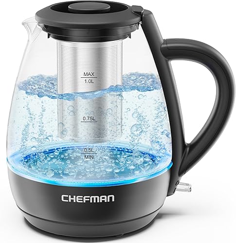 Chefman Hervidor eléctrico con infusor de té, 1 litro, 1500 W, tapa extraíble para una fácil limpieza, protección contra hervido y seco, filtro de