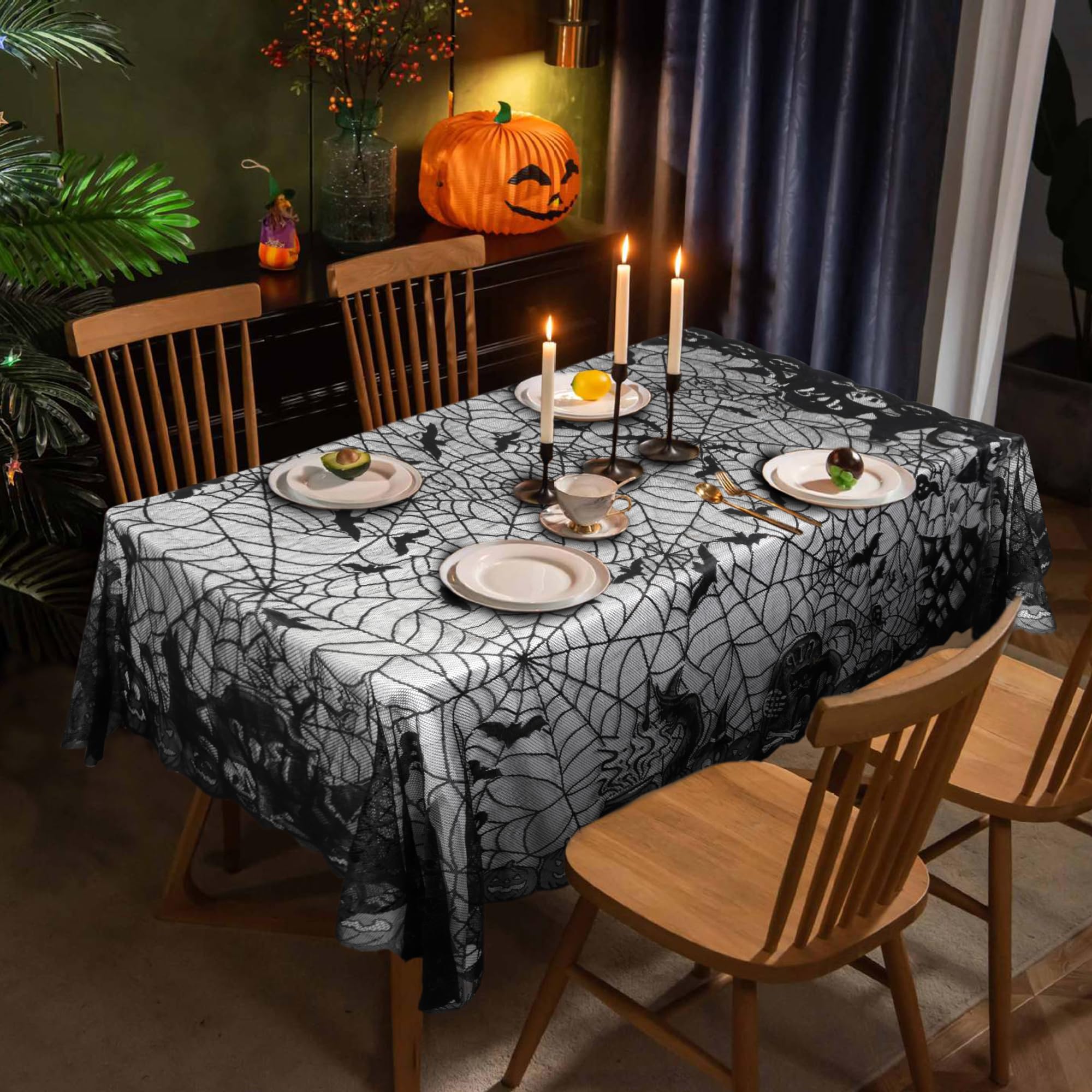 Creaher 54X72in-Tombstone Cat Tablecloth Halloween Tablecloth (54X72in-Tombstone Cat Tablecloth) Halloween Spider Web Table Coth - Black Lace Table Topper Halloween Bat Cobweb Pumpkin Table Cover Fireplace Scarf Table Cloth