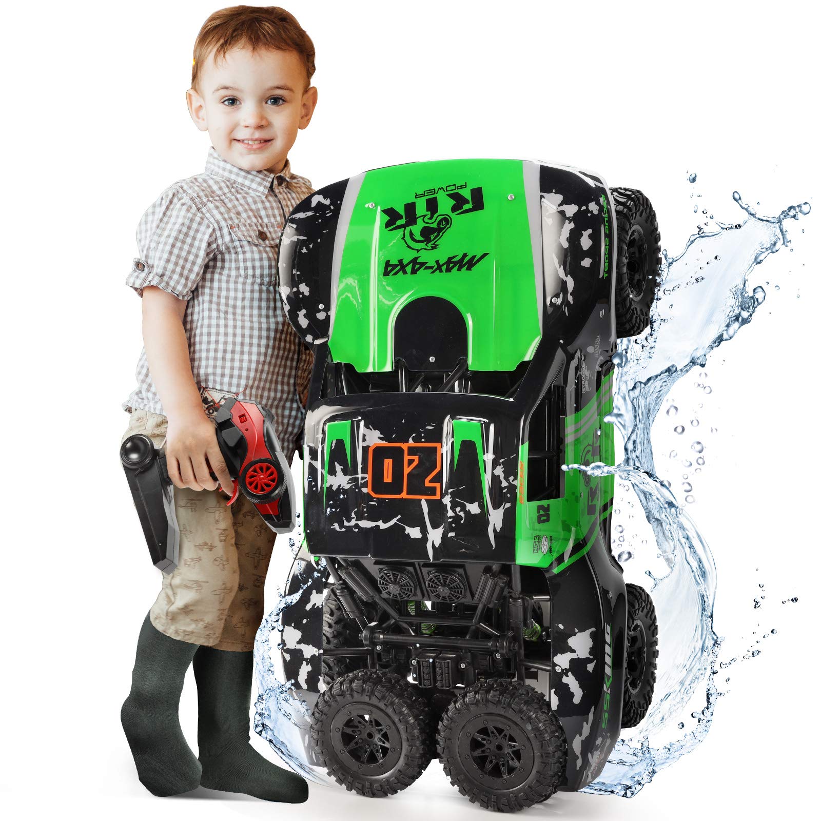 Amphibious RC Cars Ruko C11 1:10 Scale Large 2.4 GHz High Speed Remote Control Car, Waterproof Vehicle Truck with 2 Rechargeable Batteries for 40 Mins Play, Gift for Adults and Kids (Green)