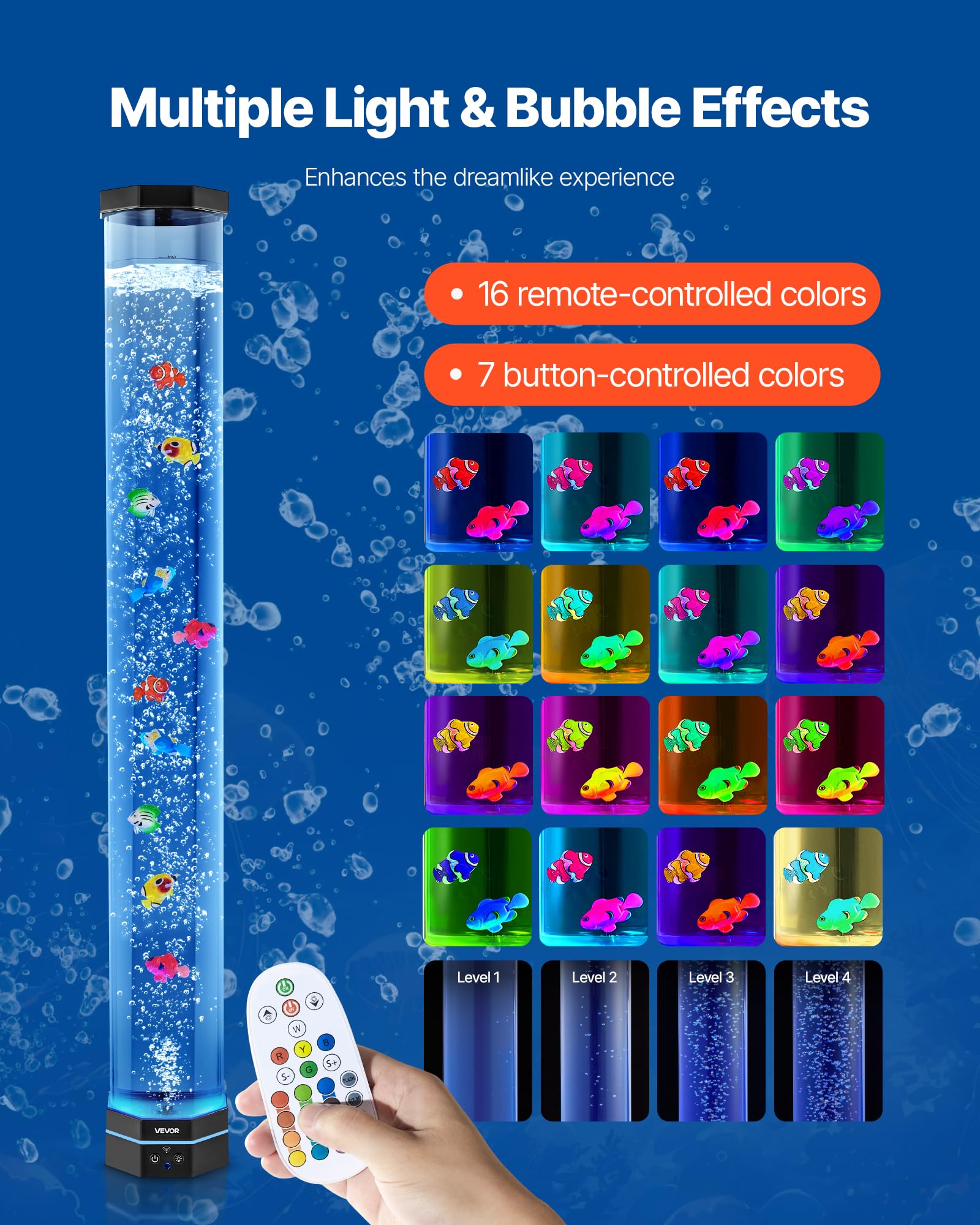 VEVOR Lampe à Bulles avec 10 Poissons Flottants, 1 m, 16 Effets de Lumières Changeantes de Couleur, Télécommande, Lumière Apaisante, Lampe Ambiance pour Chambre à Coucher, Salon, Décoration Intérieure