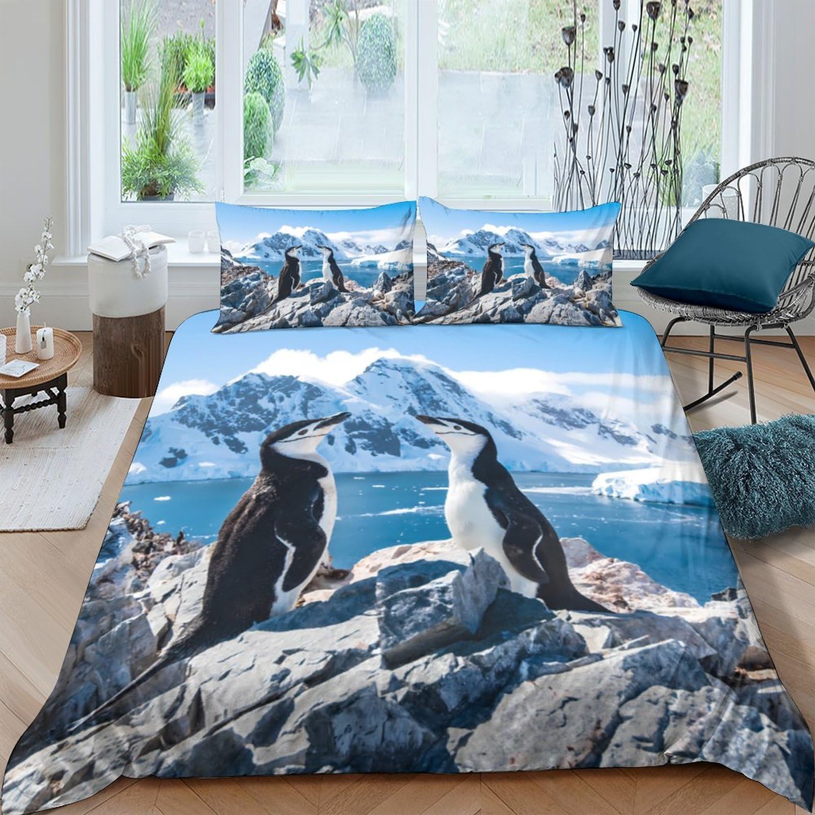 Ctjqhvkz Style-3 3D Printed Penguin Arctic Landscape Fitted Sheet Microfiber Soft Bedroom Decor Mountain Bed Cover Single（135X200cm）