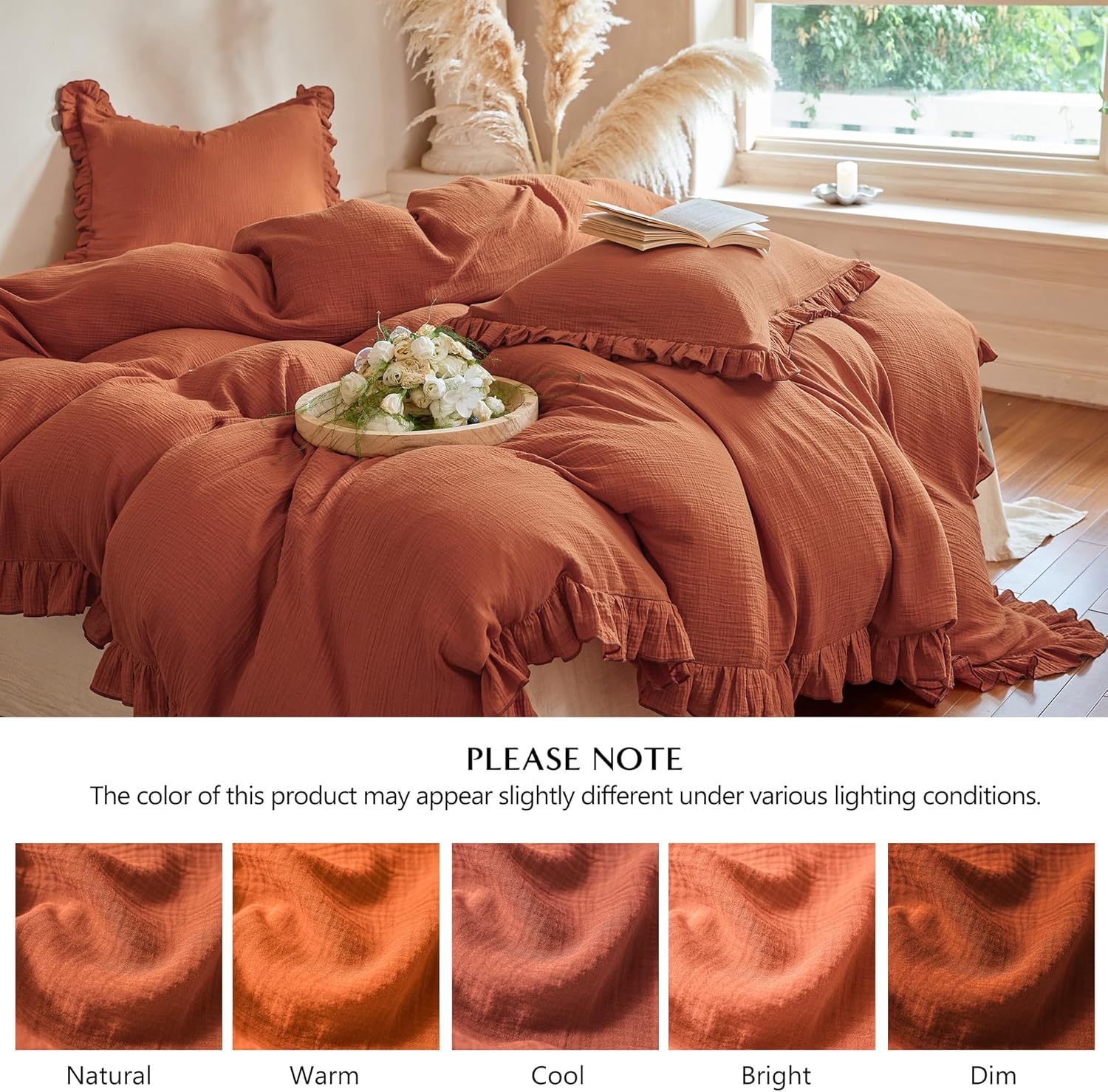 Simple&Opulence 100% Muslin Cotton Duvet Cover Set Twin Size, 2-Layer Gauze Ruffle Comforter Cover with Linen Like Texture, 2Pcs Breathable Soft Shabby Boho Chic Bedding for All Seasons(Burnt Orange)