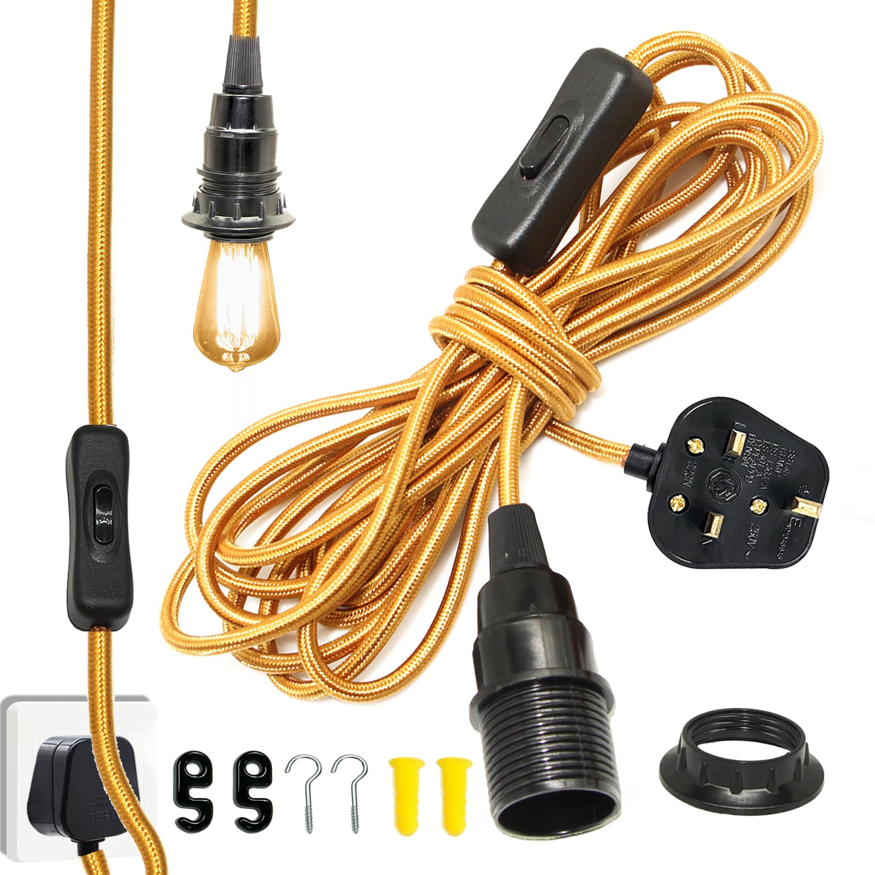 Pendant Light Fitting with 4.5m Nylon Cable, E14 Bulb Holder, Hanging Lights with On/Off Switch & UK Plug, Plug in Ceiling Pendant Light, Lamp Replacement,Lamp Cable for Bedroom,Plant Corner,Loft