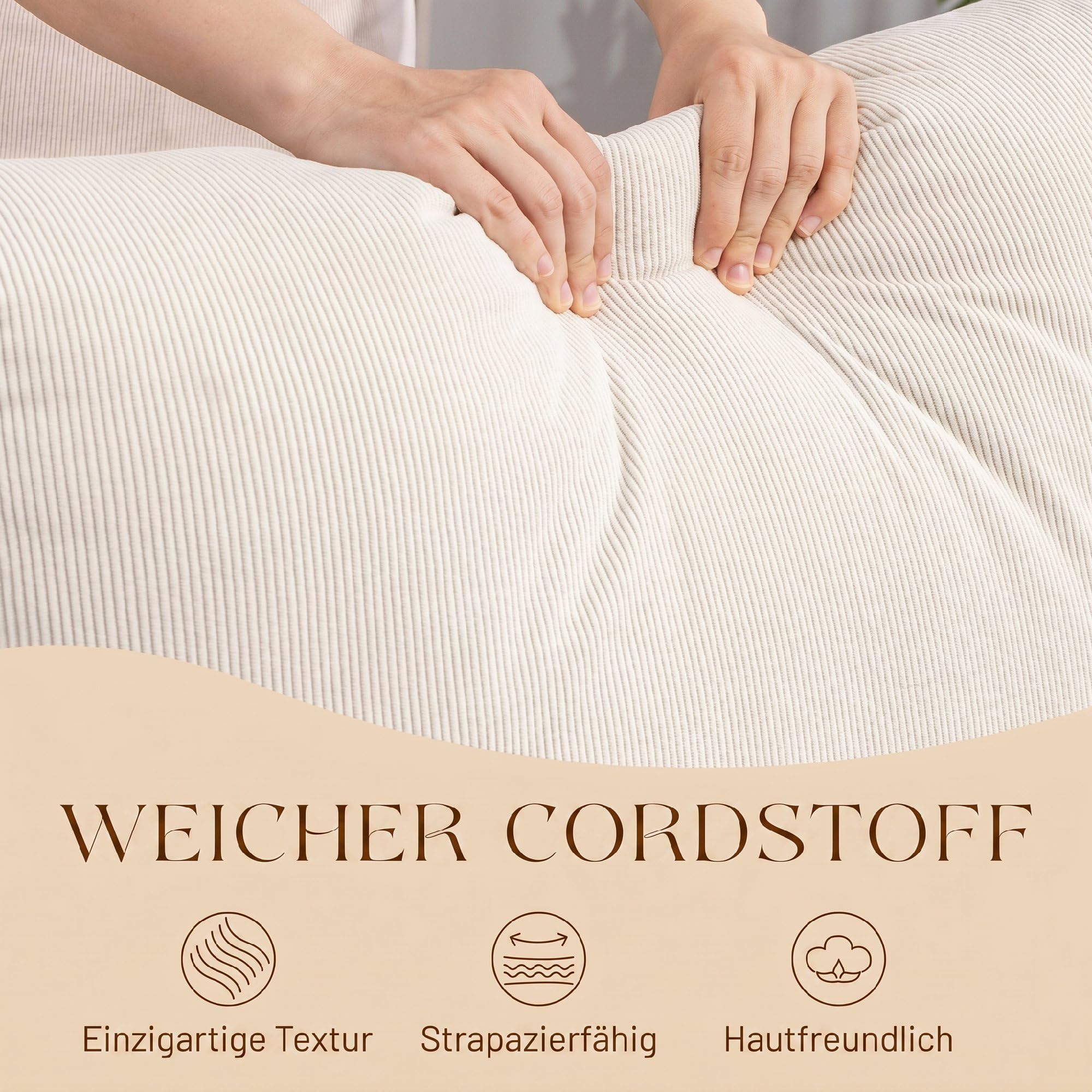 HOMCOM Schaukelstuhl mit Fußstütze, Verstellbarer Rückenlehne, Creme | Schaukelsessel, Lendenkissen, Relaxstuhl mit Holzfüßen, Cord-Optik, Skandinavischer Schwingsessel, Wohnzimmer, Schlafzimmer