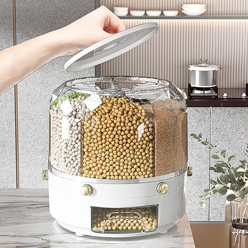 Miniatura 9 de Dispensador de arroz con 6 rejillas de capacidad de 13.2 lbs, contenedor giratorio de almacenamiento de alimentos 360, caja de almacenamiento