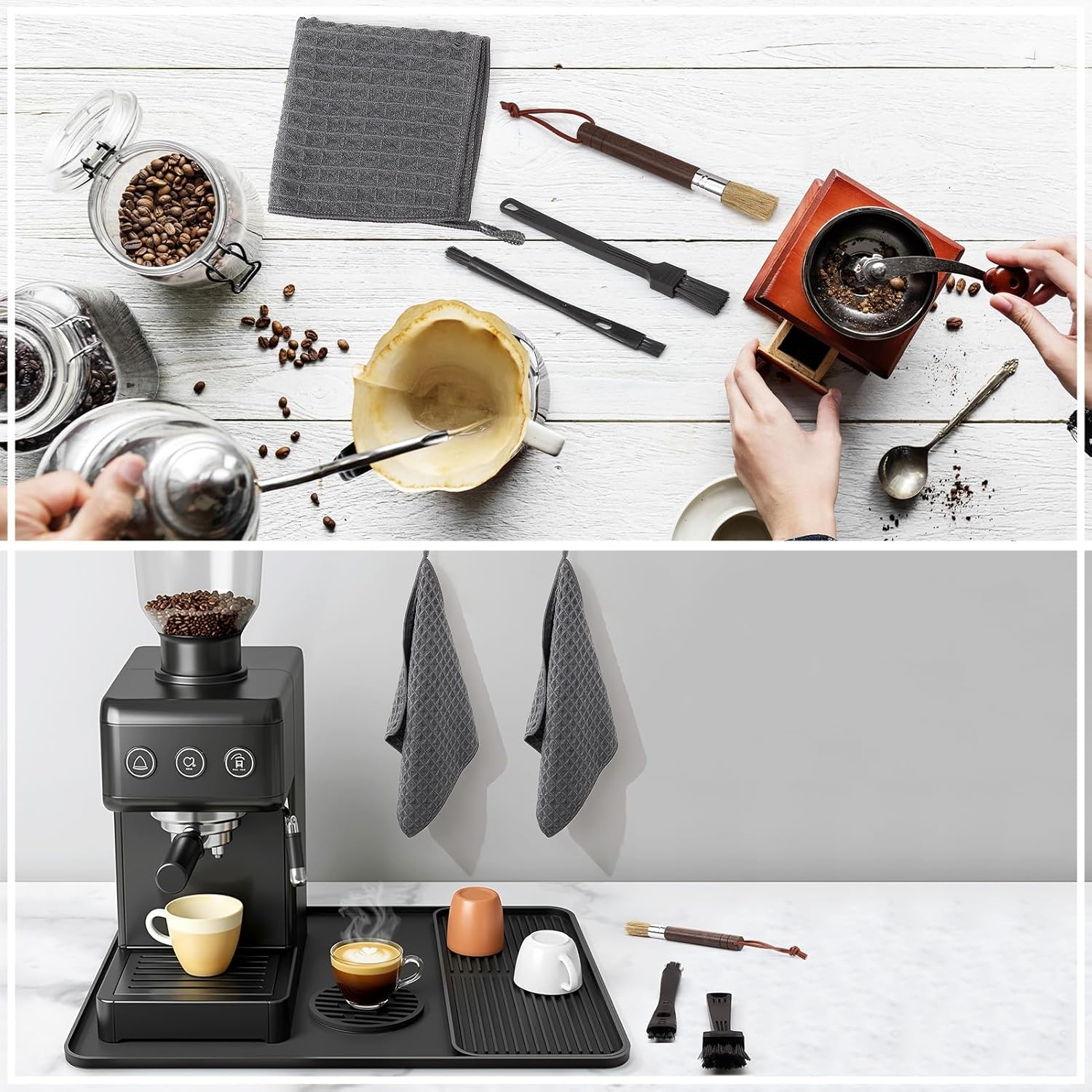 Silicone Coffee Mat Set for Counter, 24 x 16 Inch Coffee Mat with Drying Mat, Coasters and Cleaning Tools