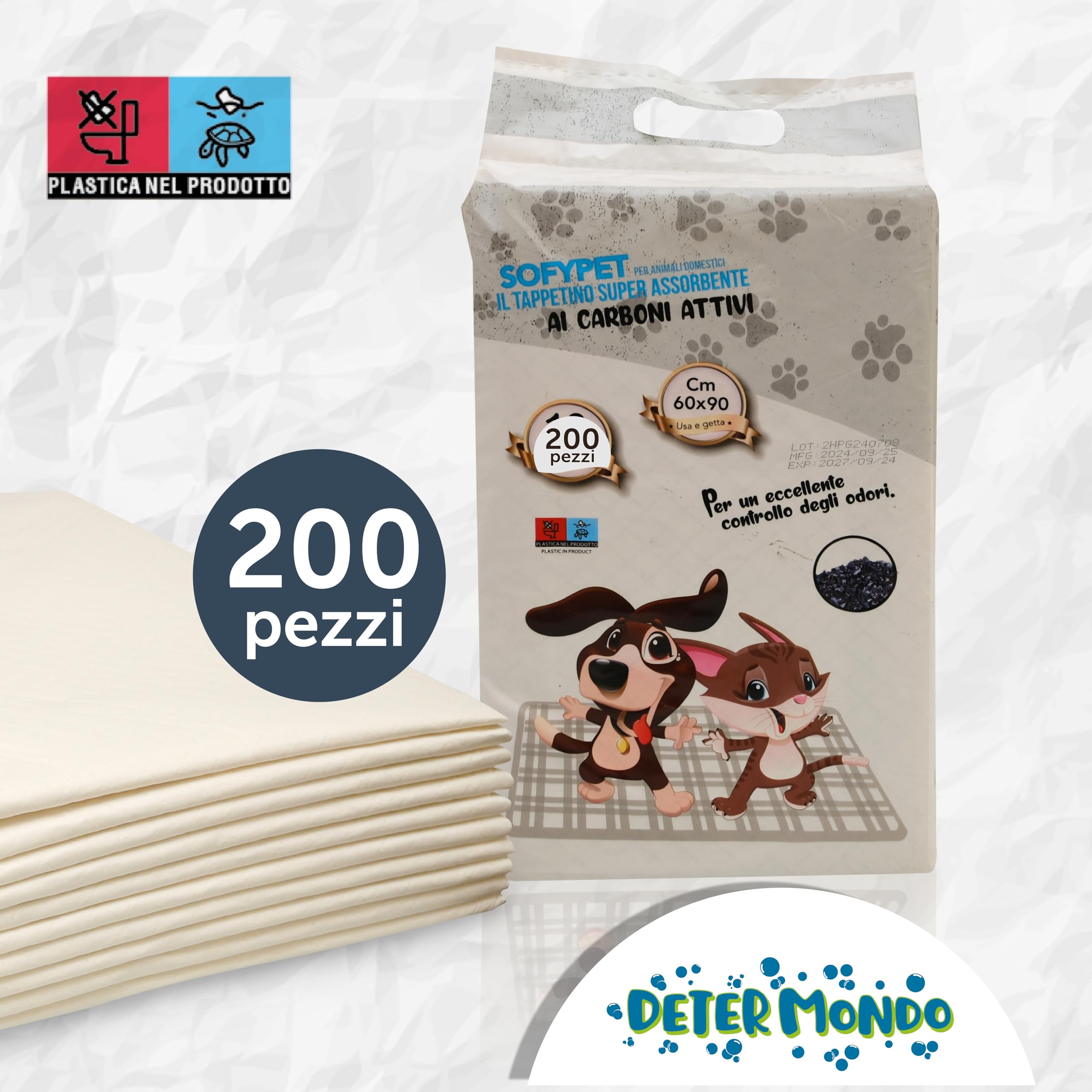 DETERMONDO 240 Tappetini Igienici Per Cani 60x90 Con Carboni Attivi Super Assorbenti Traversine Con Adesivo Antiscivolo Ideali Per Addestramento Cuccioli Neutralizza Odori Ed Evita Le Perdite