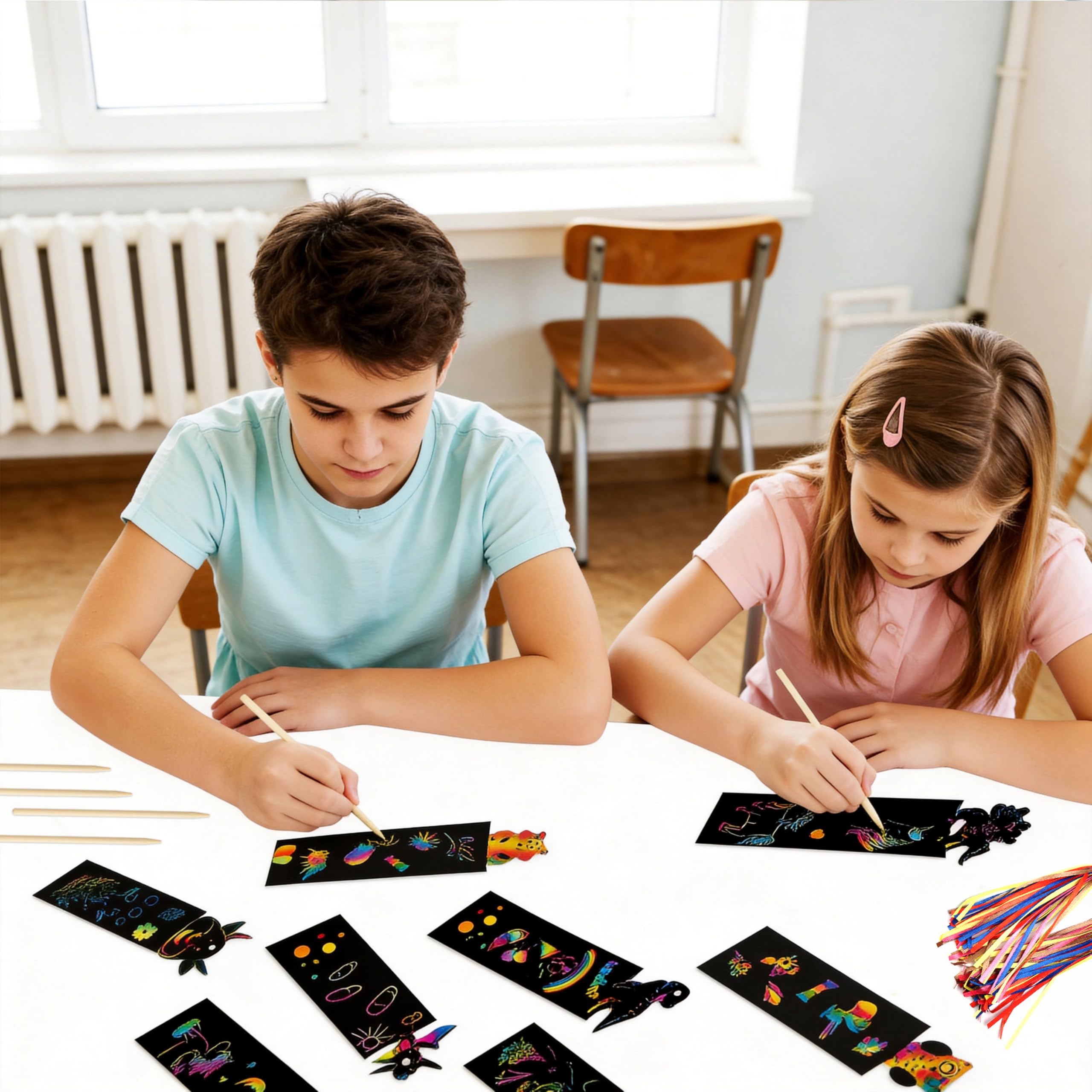 Marcadores de Libros Rainbow 48 Piezas para Rascar con Diseño Animales y Cintas de Raso