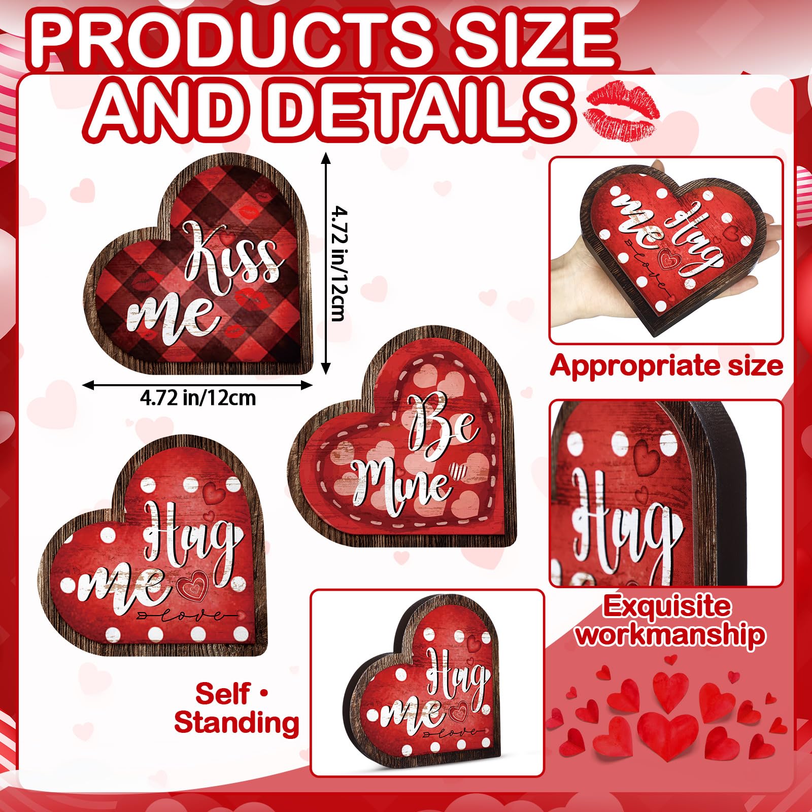 3 letreros de decoración de mesa de San Valentín, bandeja escalonada para el día de San Valentín, bloques de amor de madera, abrazos, besos, madera, independiente, decoración para el día de