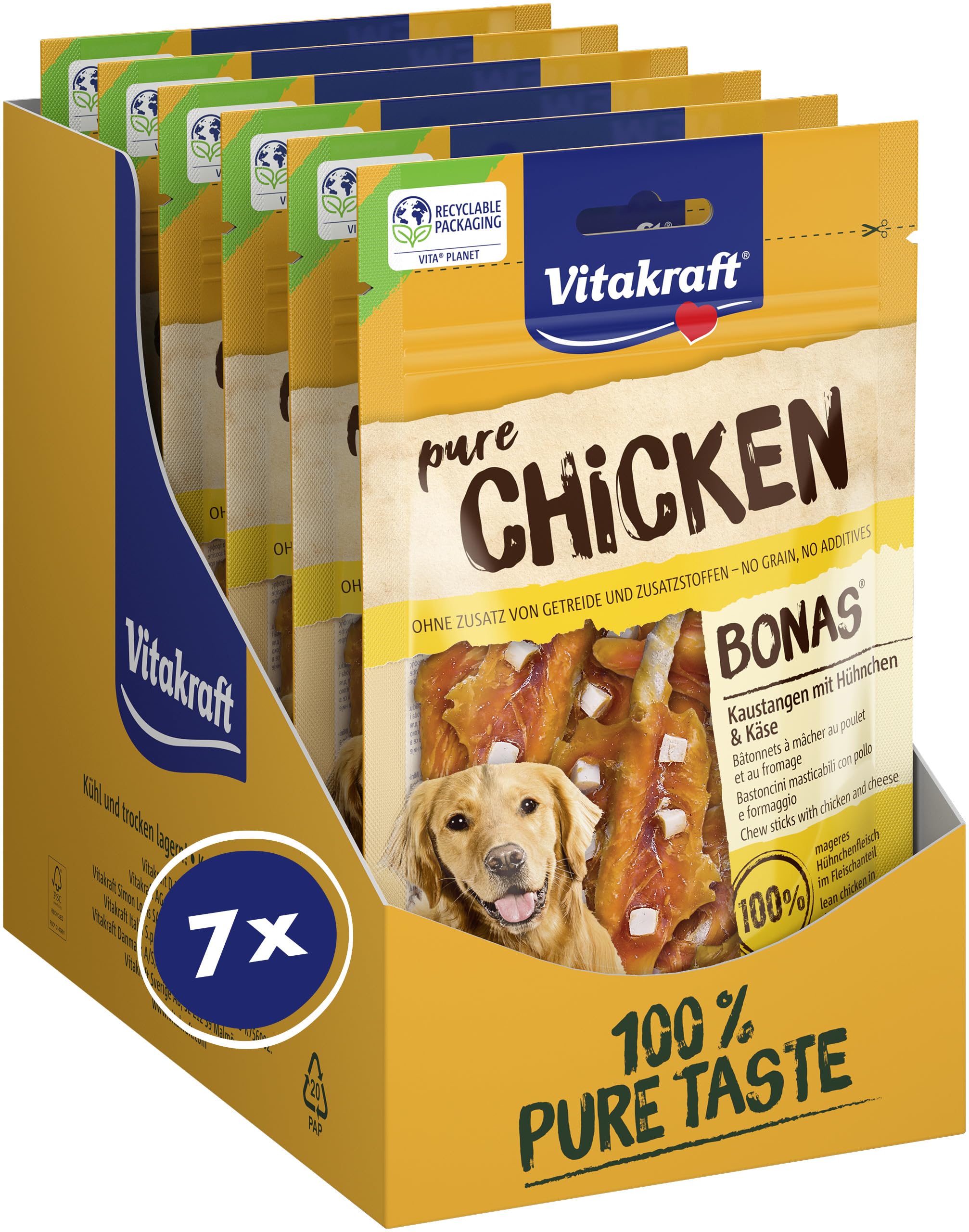 Vitakraft Pure Chicken Bonas, Hundeleckerli, Kaustangen mit Hühnchen und Käse, Hunde Trainingsleckerli, ohne Zusatz von Zucker (7x 80g)