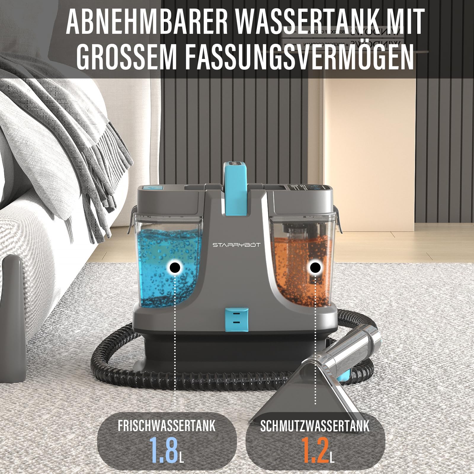 STARRYBOT 1500W Tragbarer Waschsauger Teppichreiniger mit Dampf- und Heiztechnologie, 18Kpa Nasssauger Polsterreiniger, Multifunktionaler Fleckenreiniger für Haustiere, Sofa, Teppiche & Treppen