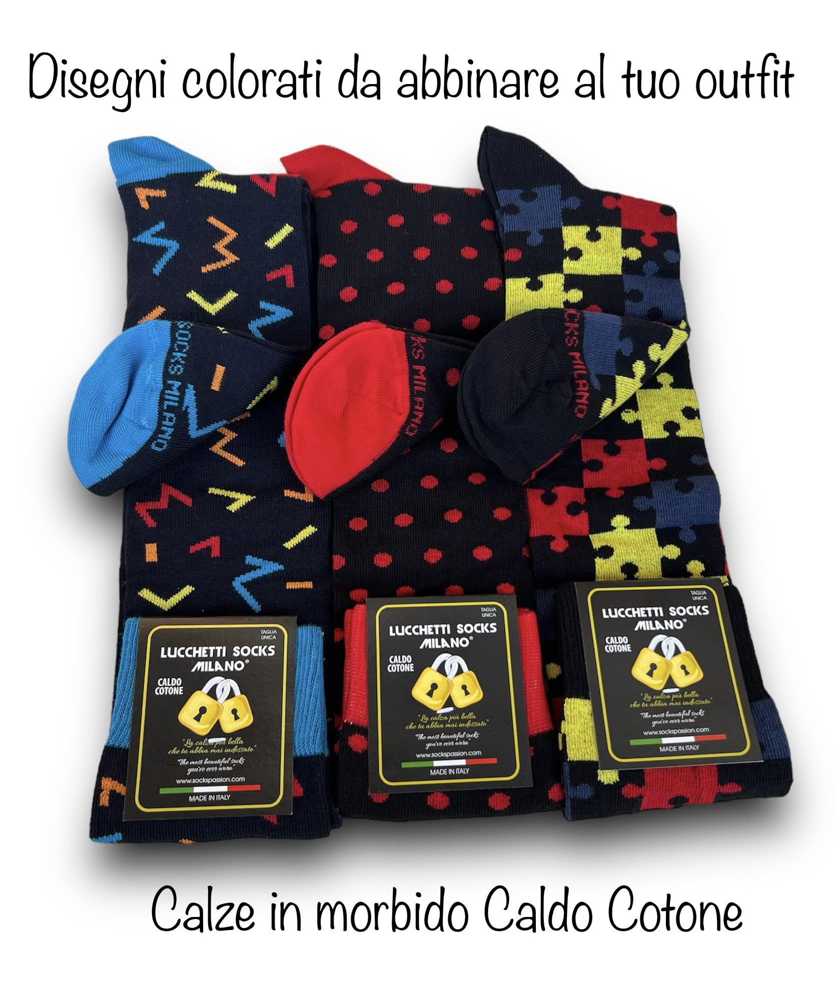 Lucchetti Socks Milano Set mit 6 Paar Herren-Socken, lang, warm, aus Baumwolle, bunt, gepunktet, Muster Fashion, hergestellt in Italien
