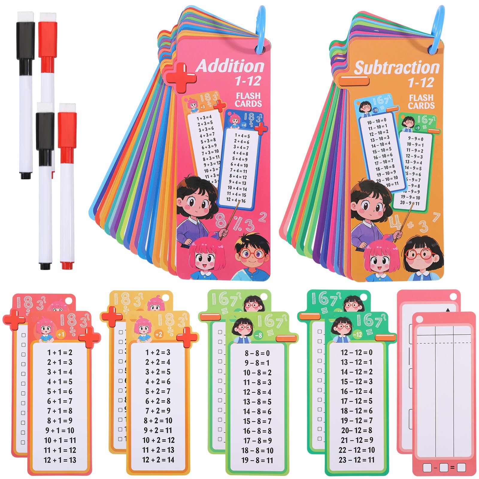 beinkmake 30Pcs Addition and Subtraction Flash Cards Time Table Flash Cards Reusable Math Flashcards with 4 Dry Erase Pens 2 Rings Self Check Classroom Home Learning Aids Number for Grades 1 to 3