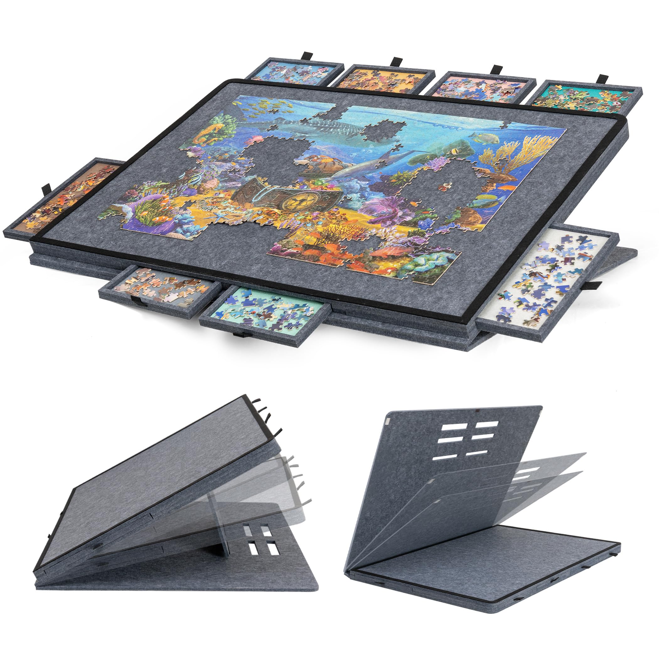 Becko US Tablero de rompecabezas inclinable con soporte y cubierta 2 en 1, estuche de almacenamiento de fieltro ligero con 8 cajones para adultos y niños, mesa de rompecabezas portátil para juegos de