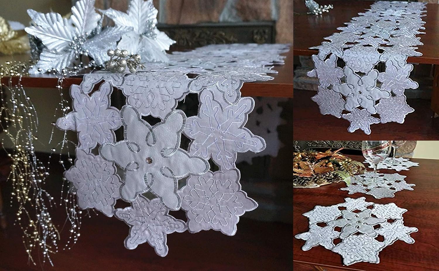 Lowest Price Holiday Embroidered Christmas Silver Snowflakes with Diamond Table Runner for Home Christmas Festival Decorations (1, Round 13×68inch(33×173cm)) 🔥 Holiday Embroidered Christmas Silver Snowflakes with Diamond Table Runner for Home Christmas Festival Decorations (1, Round 13×68inch(33×173cm))