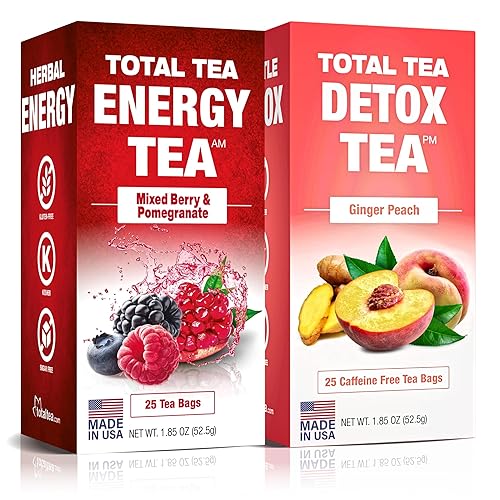 Total Tea Set Energy Tea and Detox Tea, té de hierbas para aumentar la energía promueve la concentración, té de hierbas natural de melocotón y bayas