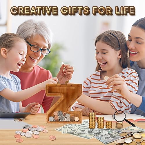 Miniatura 28 de Alcancía para niños y niñas, hucha grande de 26 letras del alfabeto inglés, madera personalizada, caja de ahorro de dinero con nombre personalizado