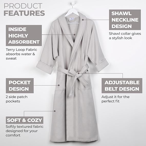 Superior Waffle Weave Cotton Unisex Bathrobe with Belt, Soft and Absorbent Robe for Men and Women Bath Essentials Robes