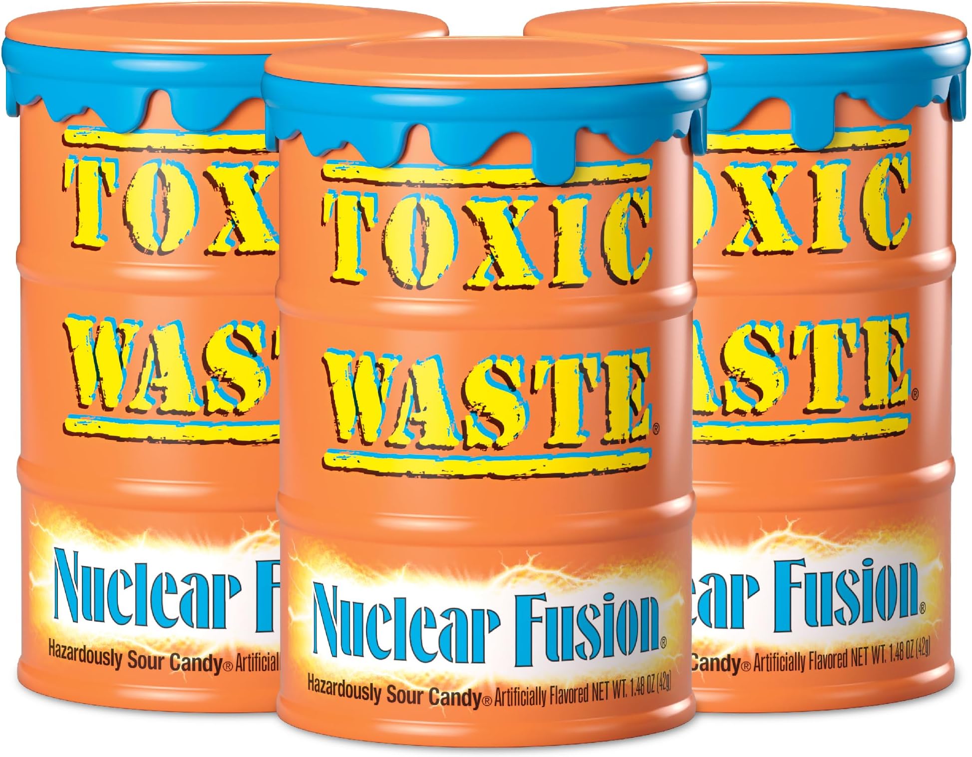 TOXIC WASTE - Nuclear Fusion Hazardously Sour Candy - Raspberry-Lemon, Pineapple-Passionfruit, Grape-Strawberry, Banana-Blueberry, & Orange-Apple Flavors - 1.48 oz. Drums - 3 Pack