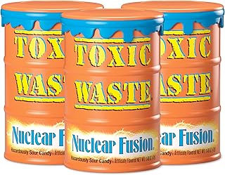 Nuclear Fusion Hazardously Sour Candy - Raspberry-Lemon, Pineapple-Passionfruit, Grape-Strawberry, Banana-Blueberry, & Orange-Apple Flavors - 1.48 oz. Drums - 3 Pack