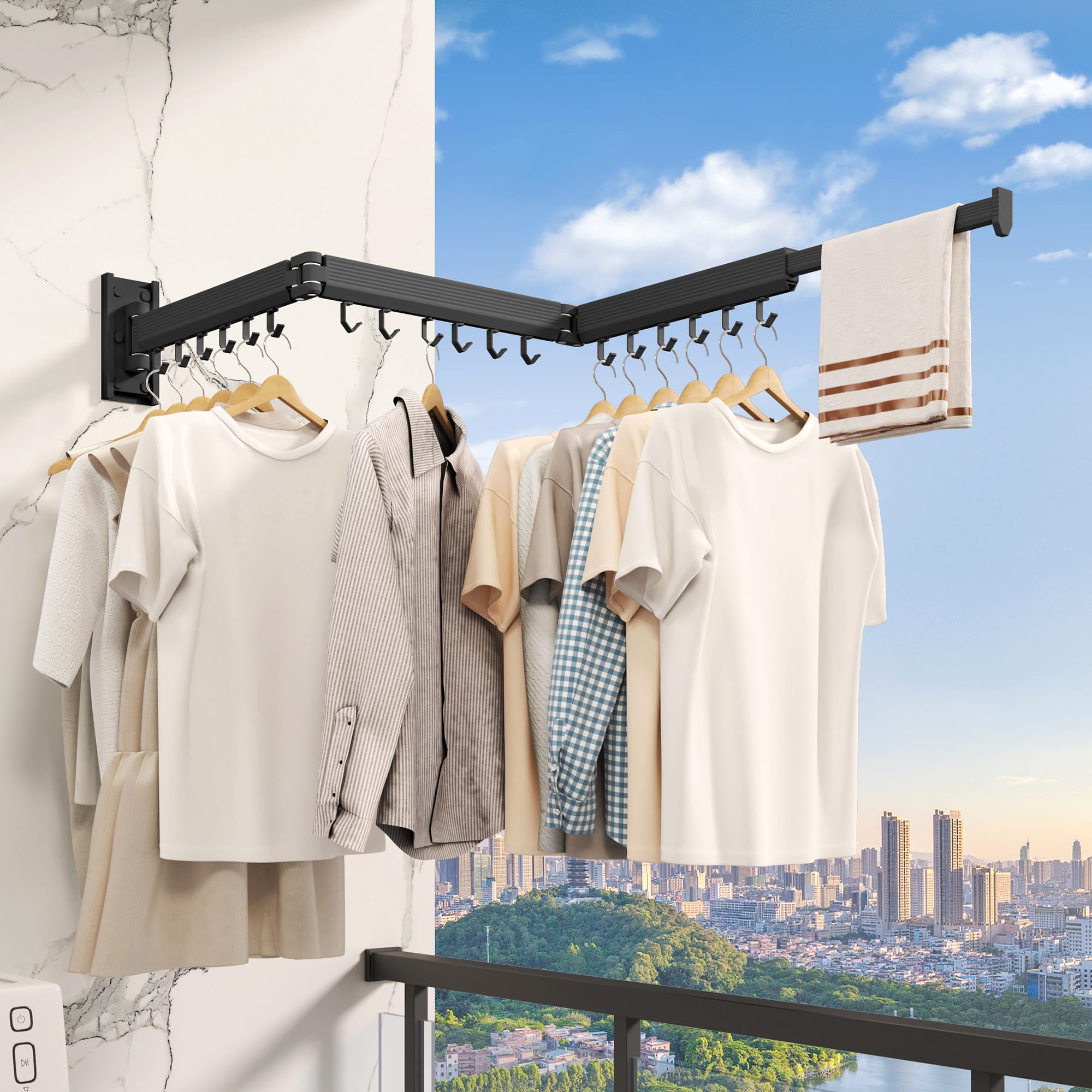 Étendoir Linge Mural rétractable & Pliable, étendoir Mural intérieur Gain de Place, séchoir à Linge Mural en Aluminium pour Balcon, Salle de Bain & buanderie, avec Crochets Noirs