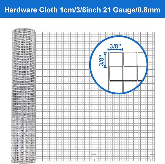 Hardware Cloth 1 cm/3/8 in Galvanized Wire Mesh Roll (21 GA/0.8mm), Rust Proof Chicken Wire Mesh for Chicken Coop Fences,Rabbit Fences,Poultry Enclosures,Handicraft Making,0.5Mx10M/20INx32FT