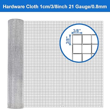 Hardware Cloth 1 cm/3/8 in Galvanized Wire Mesh Roll (21 GA/0.8mm), Rust Proof Chicken Wire Mesh for Chicken Coop Fences,Rabbit Fences,Poultry Enclosures,Handicraft Making,0.5Mx10M/20INx32FT