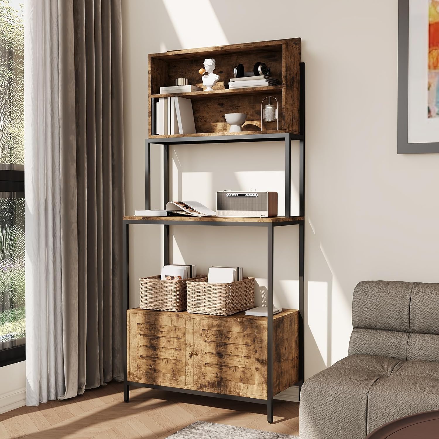 CuisinSmart Baker Rack with Power Outlet, Microwave Stand with Storage, 68" Coffee Bar Station for Pots, Spices & Kitchen Essentials, Industrial Kitchen Storage Shelf Rack, Rustic Brown