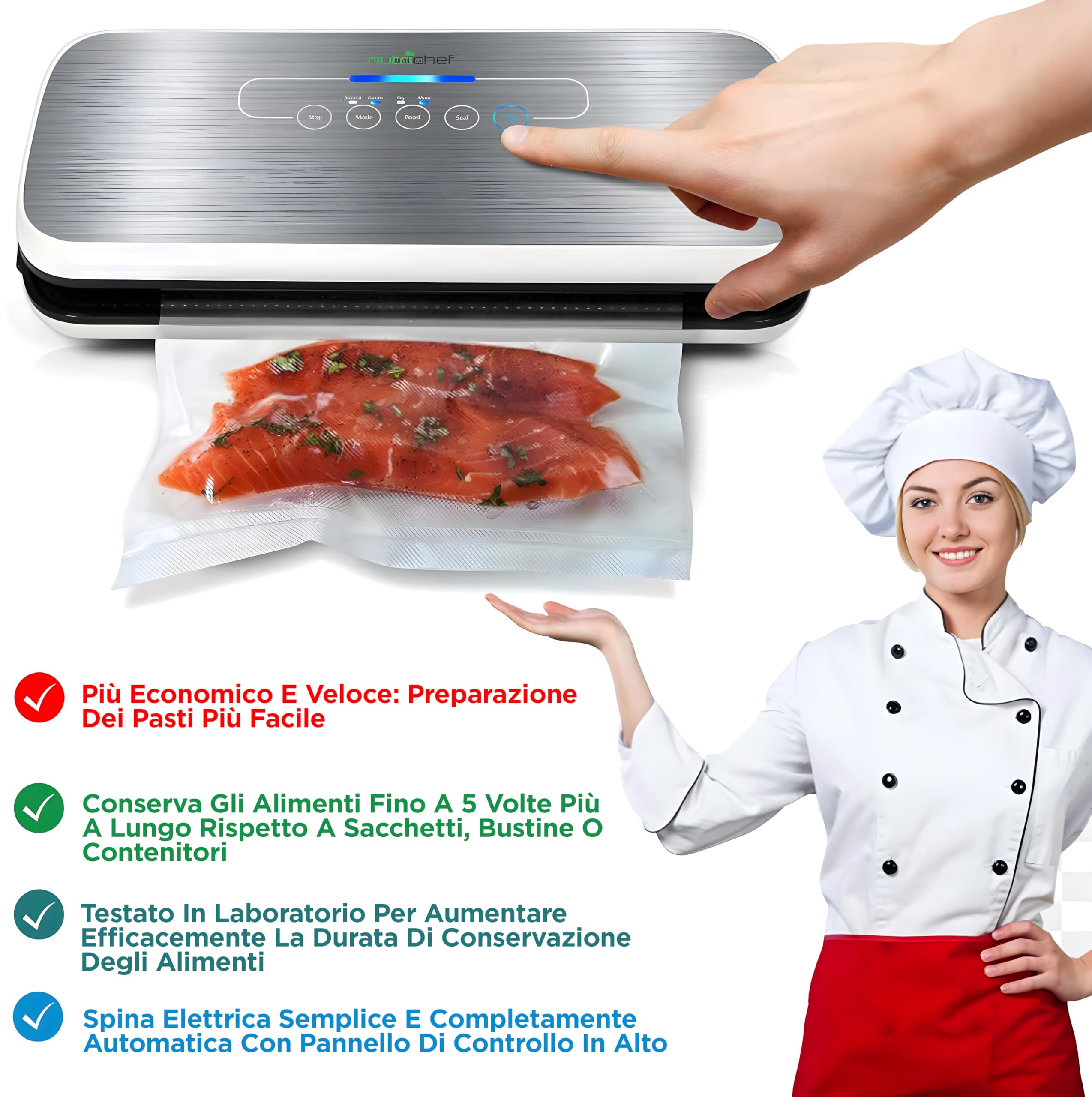 Nutrichef Sottovuoto Automatico per Conservazione Alimenti, Sistema di Chiusura ad Aria, con Starter Kit, Design Compatto, Modalità Secco/Umido, Indicatore LED, Colore Argento