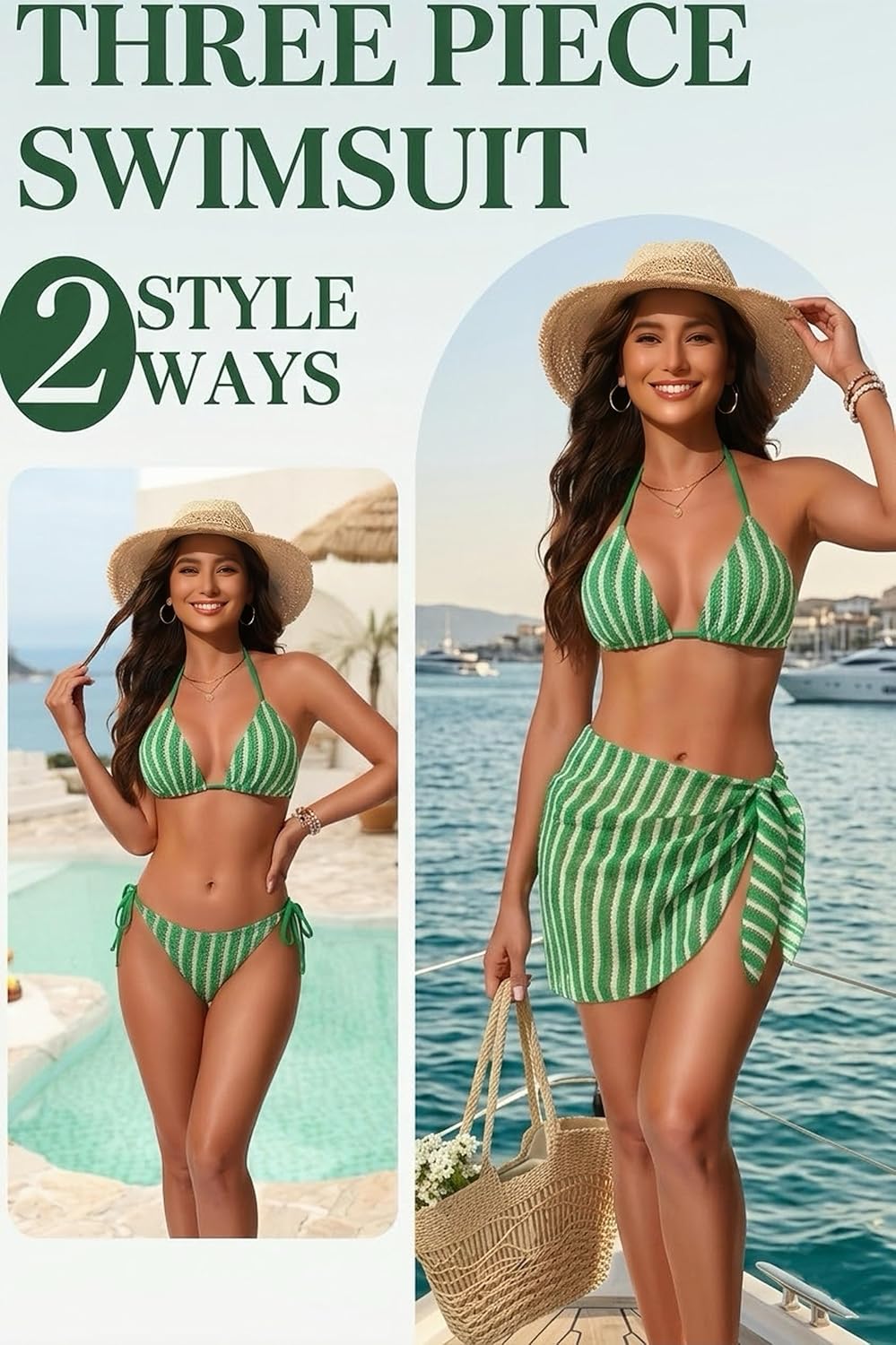 Women's 3 Piece Sexy Triangle Crochet Bikini Set - Halter Tie Side Swimsuit with Cover Up for Beach Vacation 2026