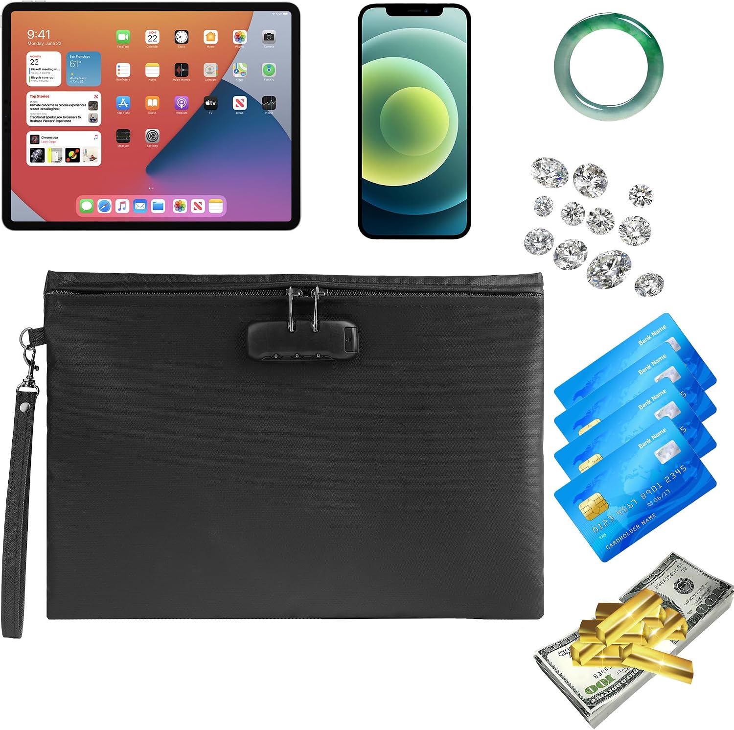 2000℉ Fireproof Document Bag with Password Lock, Black, 14.3x10.2 inch,Fireproof Money Bag for Cash with Zipper,Waterproof Storage Pouch for A4 Letter Size Document, Cash, Credit Card,Passport