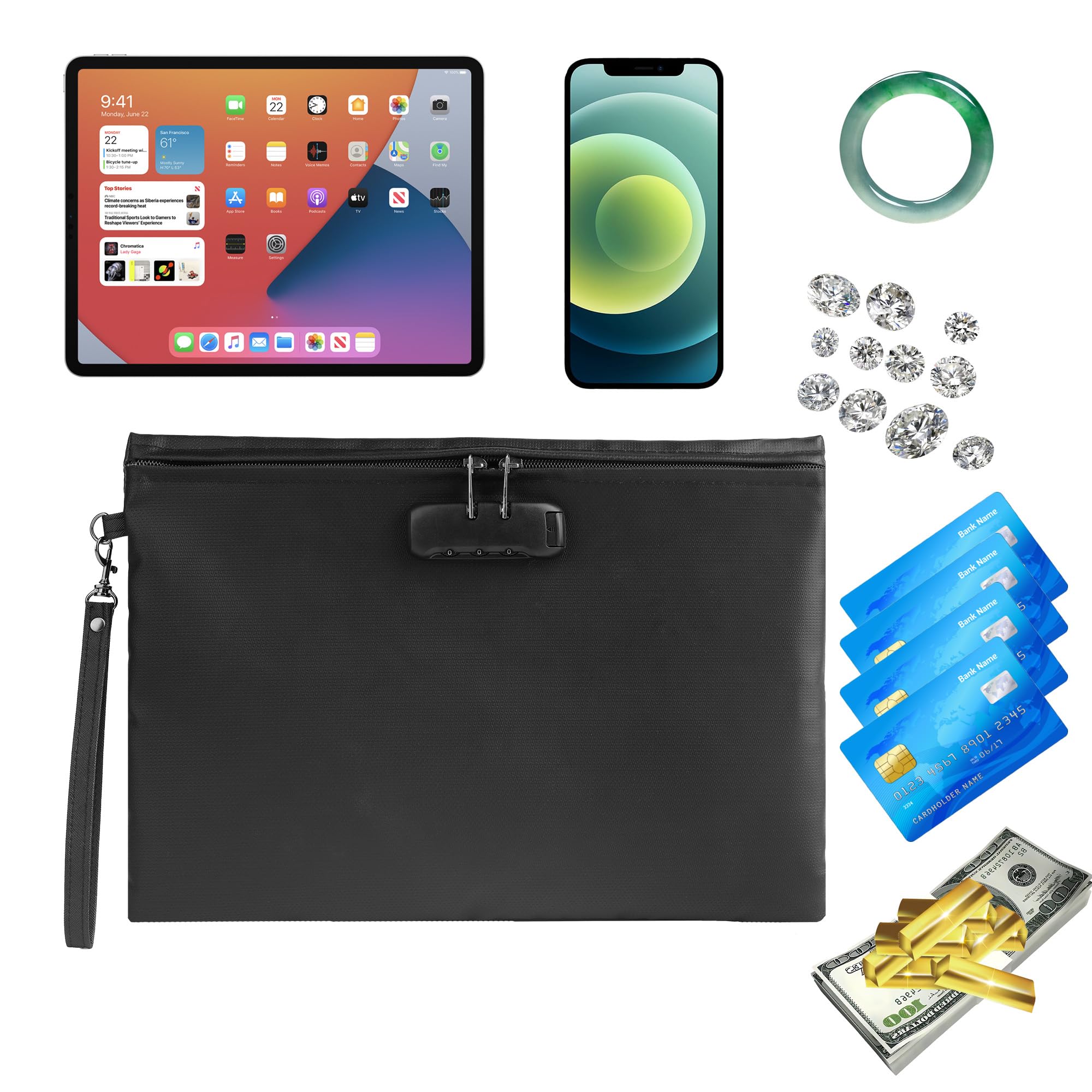 Bolsa de documentos impermeable e ignífuga con cerradura de contraseña, negro, 36 x 26 cm, bolsa de almacenamiento multifuncional, funda de seguridad