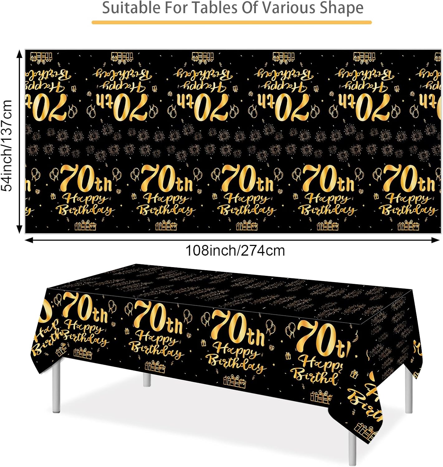 PHOGARY 70th Happy Birthday Party Decorations Tablecloth for Men Women, 3 Pack Black and Gold Tablecloths Bday Anniversary Theme Party Supplies Rectangular Table Cover 54 × 108 in