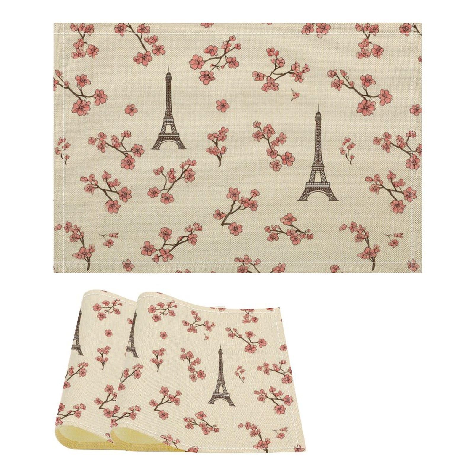Eiffel Tower Floral Funny Linen Placemats Heat Resistant Table Mats for Dining Kitchen 18 X 12 Inch