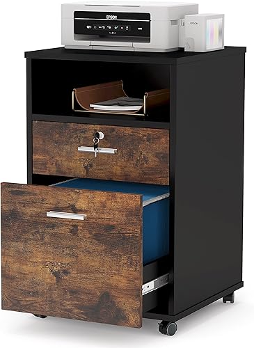 TRIBESIGNS WAY TO ORIGIN Archivador móvil con cerradura, archivador de madera de 2 cajones para tamaño carta, soporte de impresora moderno con